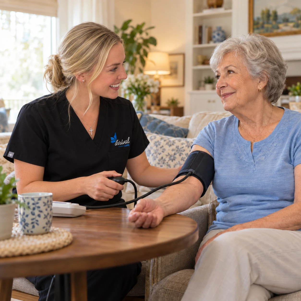 AI-generated illustration of KC Key providing nursing care to an adult at home